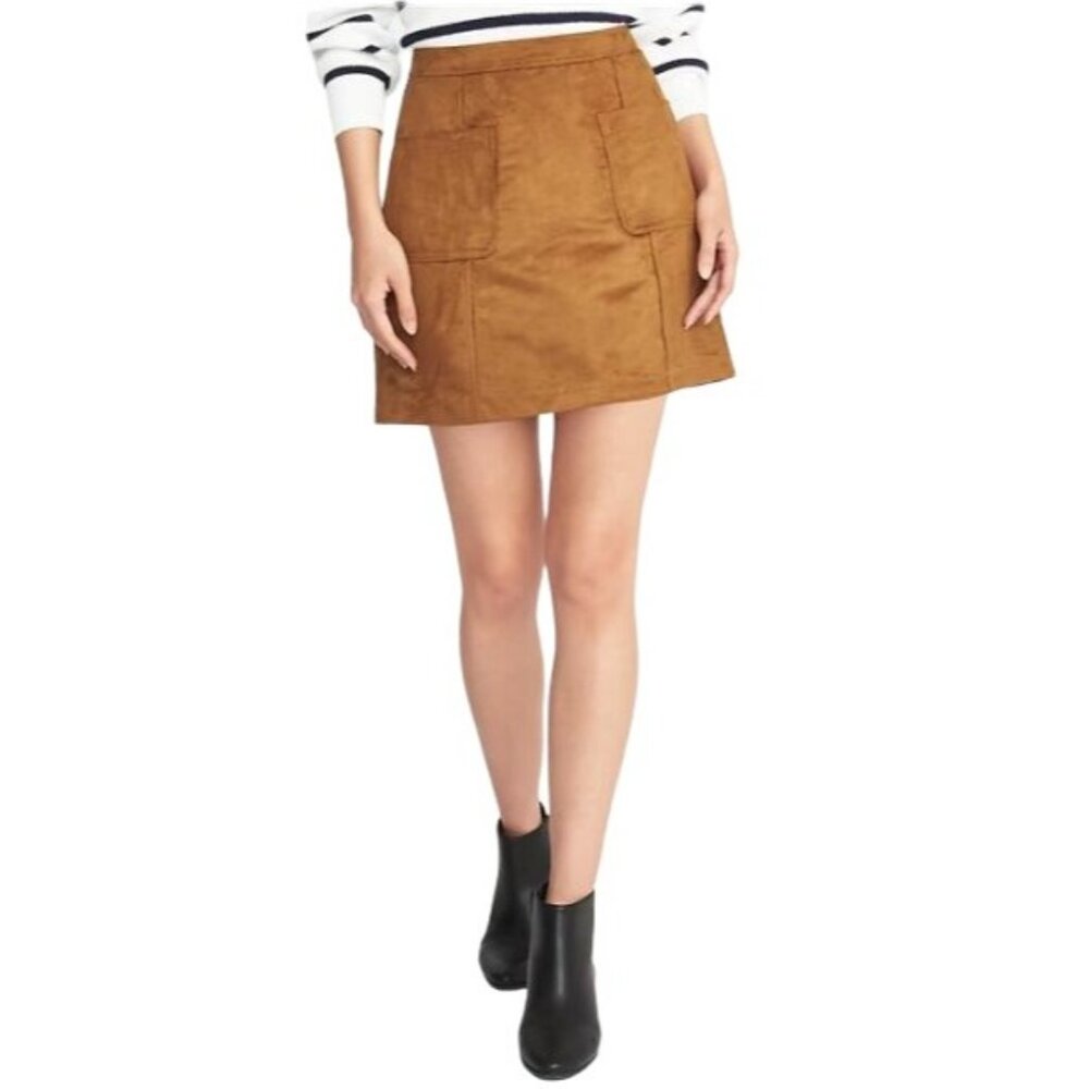 Old Navy Womens sz 4 Faux Suede A-Line Mini Skirt Front Pockets Camel Caramel Br